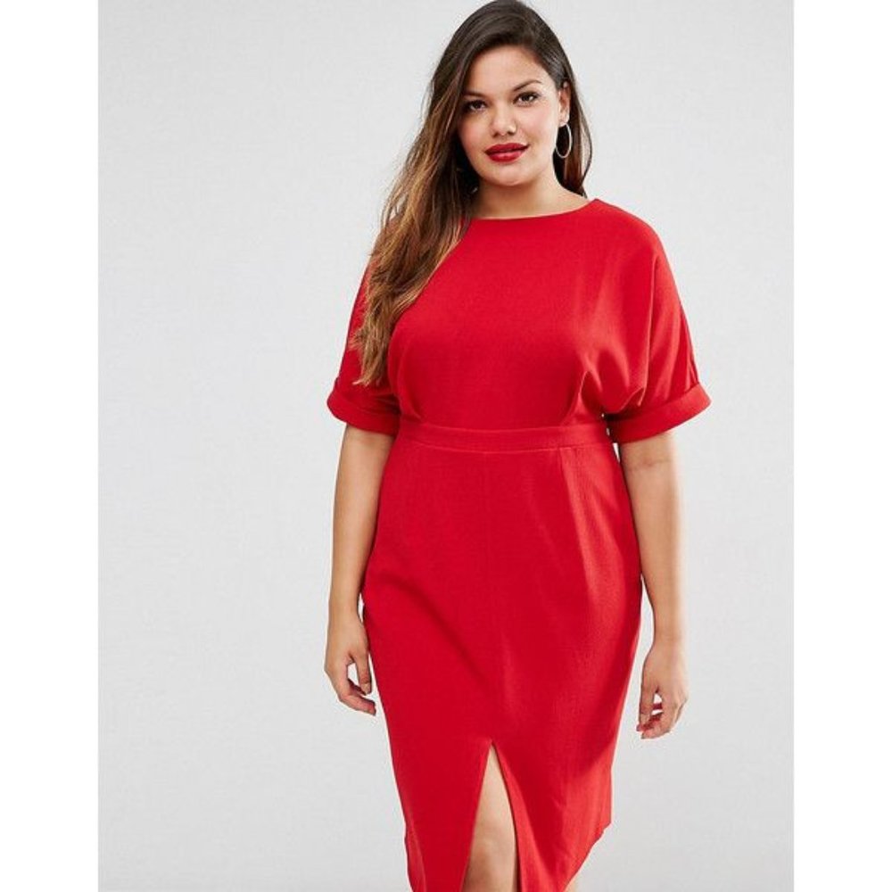 NWT ASOS CURVE MAUVE WIGGLE MIDI DRESS SPLIT FRONT SIZE 16